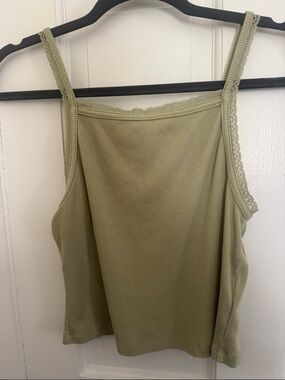 American Eagle Outfitters Olive Green Ribbed Lace-Trim Tank